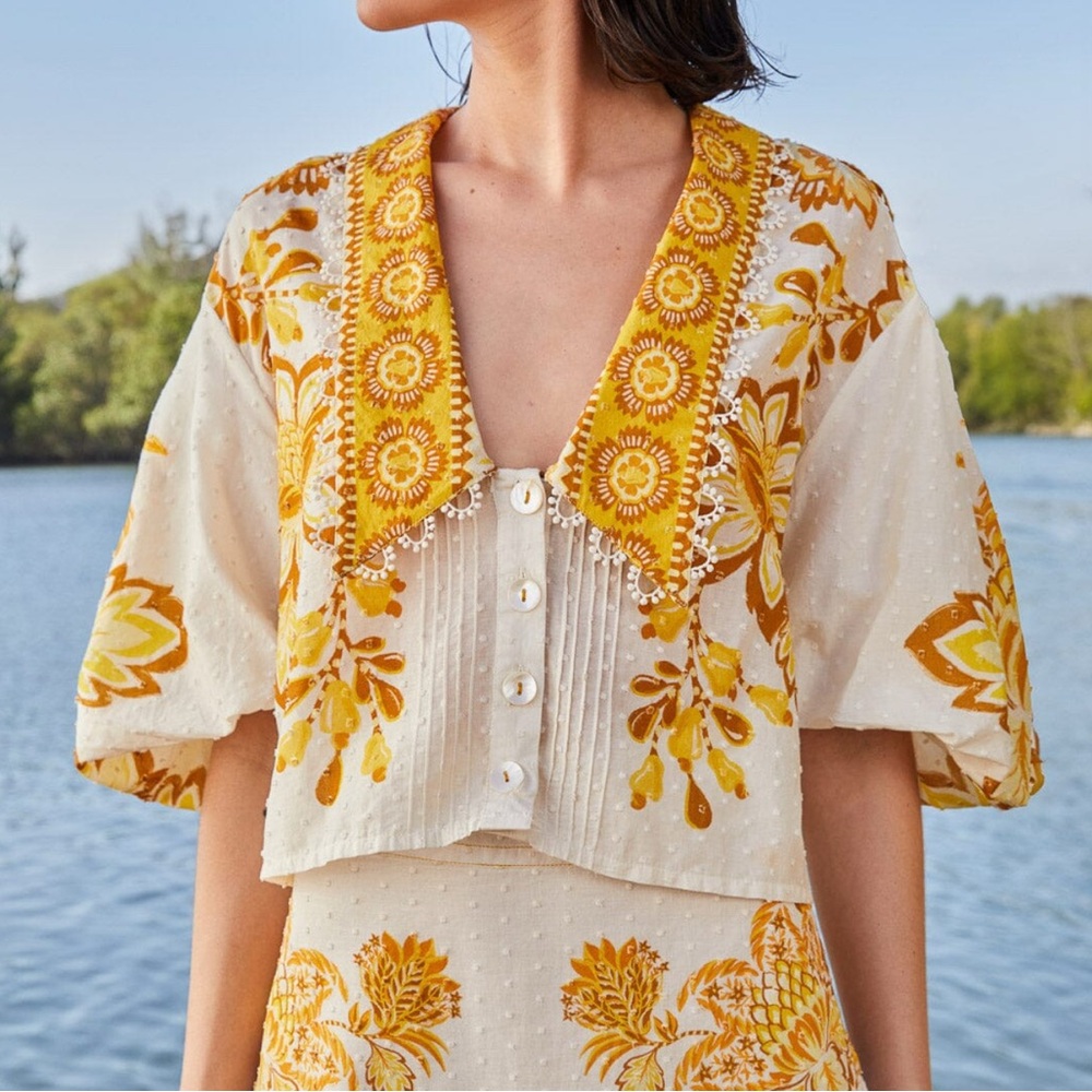NWT Farm Rio Off-White Aura Floral Blouse XS yellow white cream button collar XS